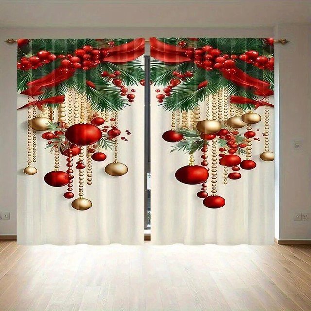 Weihnlich bedrucktes Vorhang-Set aus Polyester für Wohnzimmer und Schlafzimmer, 2 Stück, Breite: 100 cm, Höhe: 70 cm - Bild 1
