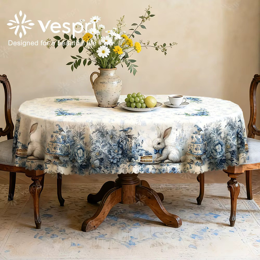 Vespri Oster-Tischdecke Blau-Weiß mit Hasen-, Vogel- und Blumendruck aus Polyester für Party und Restaurant - Bild 2