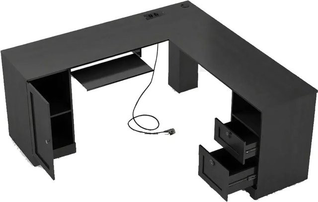 Costway Eckschreibtisch in L-Form mit Schubladenelement und Kabeldurchlass, Schwarz, B/T/H: 168 x 168 x 76 cm - Bild 1