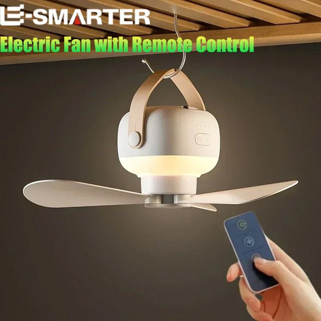 HAOYUNMA Tragbarer Deckenventilator für Outdoor und Camping mit LED-Beleuchtung, Fernbedienung und Akku, Weiß - Bild 1