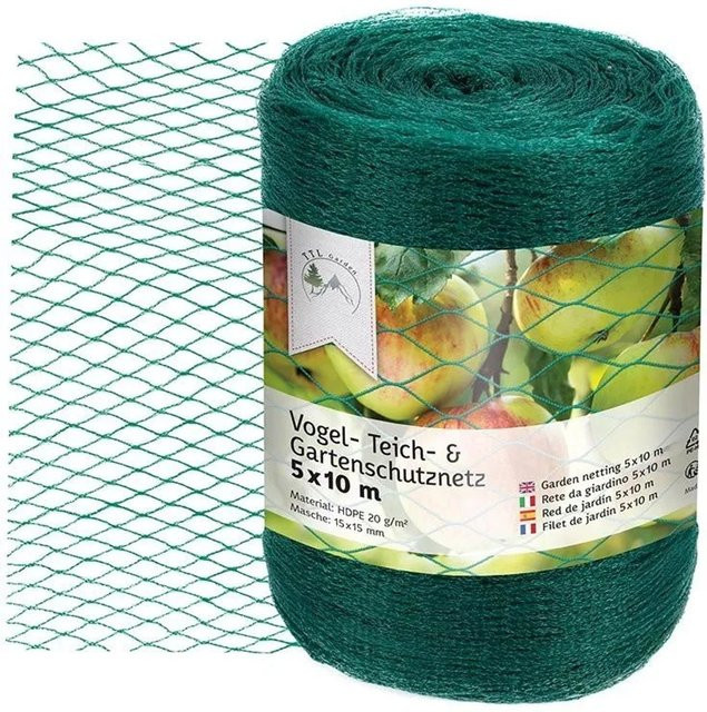 TTL GARDEN Vogelschutznetz Grün, 5 x 10 m, Maschenweite: 15 x 15 mm, Teichnetz und Pflanzenschutznetz - Bild 1