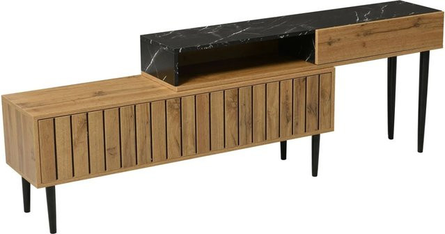 PXloue TV-Schrank in Holzoptik mit Metallbeinen, multifunktionales Wohnzimmermöbel mit Kabeldurchlass in Weiß und Braun - Bild 1