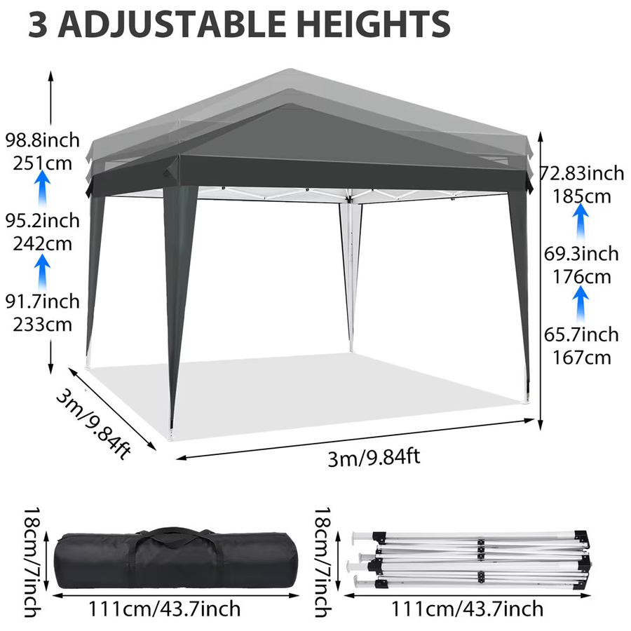 HGTUGO Faltbares Pop-Up-Pavillon-Zelt in Schwarz, Wasserdicht und UV-Schutz, B/T/H: 300 x 300 x 251 cm - Bild 2