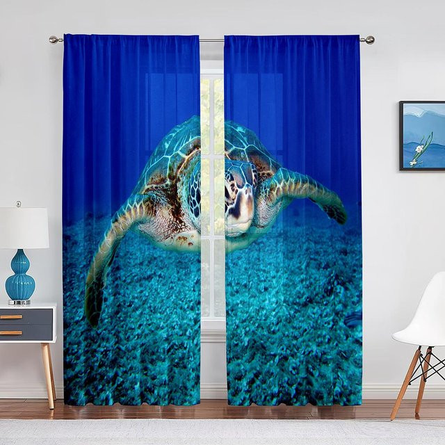 Super Six Transparenter Tüllvorhang mit Unterwasser-Motiv Meeresschildkröte und Delfin in Blau, Breite: 100 cm, Höhe: 250 cm - Bild 1