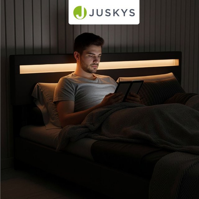 Juskys Polsterbett Paris Doppelbett mit LED Beleuchtung und Lattenrost, schwarz, B: 180 cm, T: 200 cm - Bild 1