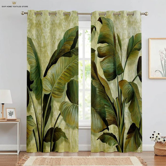Yiran Furniture Vorhänge mit Blattdruck in tropischer Vegetation, 2er-Set, Grün, Polyester, B: 50 cm, H: 160 cm - Bild 1