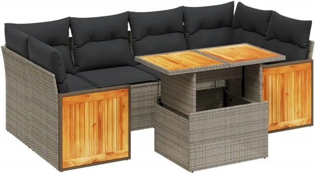 vidaXL 7-teilige Garten-Sofagarnitur aus Poly-Rattan und Akazienholz in Grau mit Kissen - Bild 1