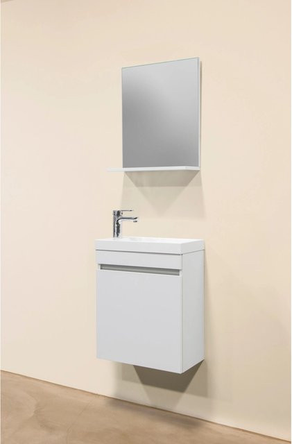 Sanotechnik Badmöbel-Set Nora modern Weiß mit Spiegel und Mineralguss, Breite: 48 cm, Tiefe: 55 cm, Höhe: 55 cm - Bild 1