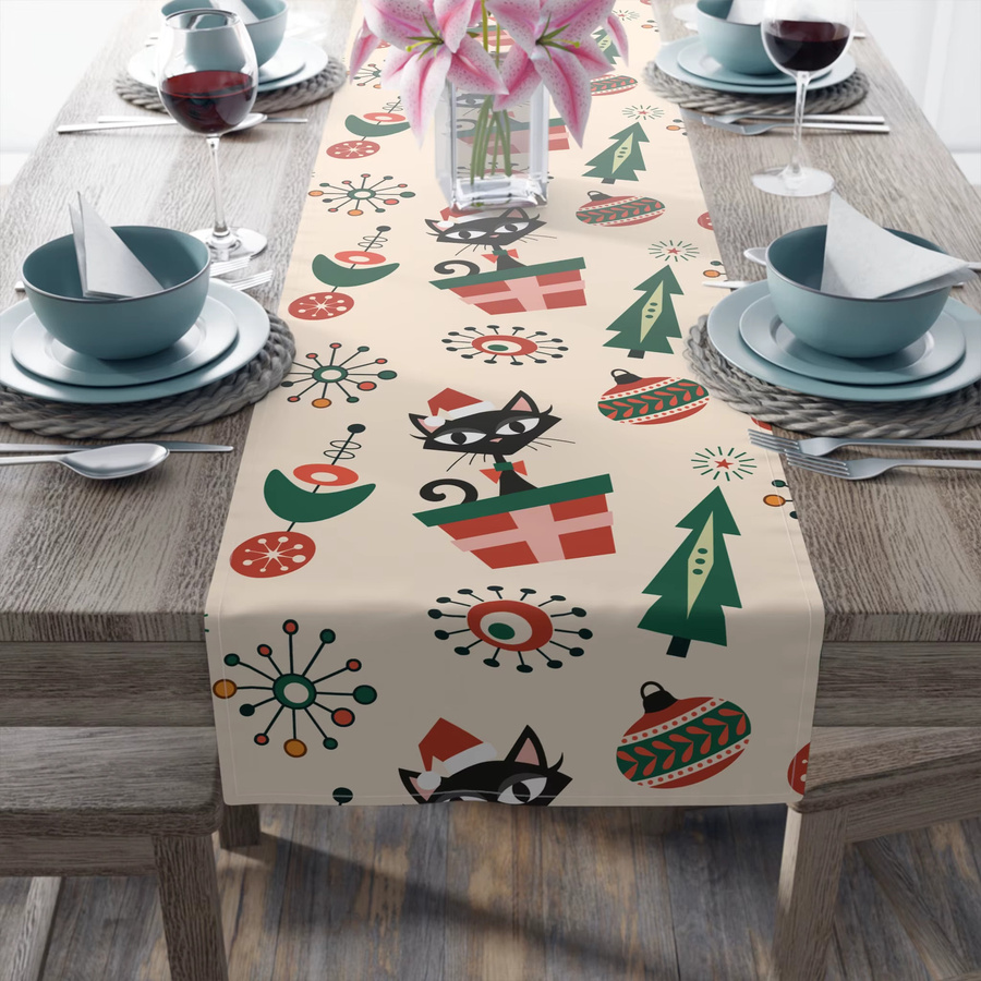 JIT Weihnachts-Tischläufer Mid Century Modern Atomic Kitschy Cat mit Retro-Stern- und Kugelmuster - Bild 3
