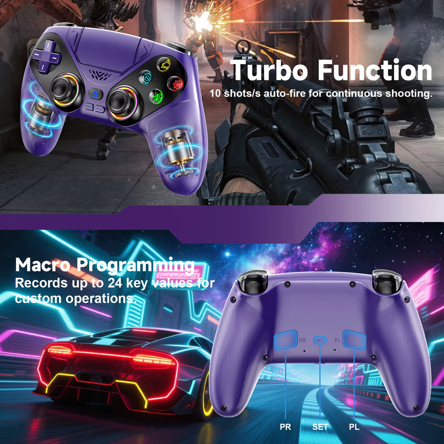 Bonadget Wireless Controller für PlayStation 5 und PC mit RGB-Beleuchtung, 6-Achsen-Gyro und Dual-Vibration in Weiß und Lila - Bild 4