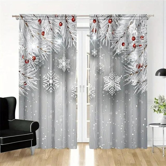 2-teiliges Set Weihnachtsvorhänge von Yiran Furniture mit Weihnachtsmann-Motiv in Grau, semi-transparent, Polyester, B: 50 cm, H: 160 cm - Bild 1