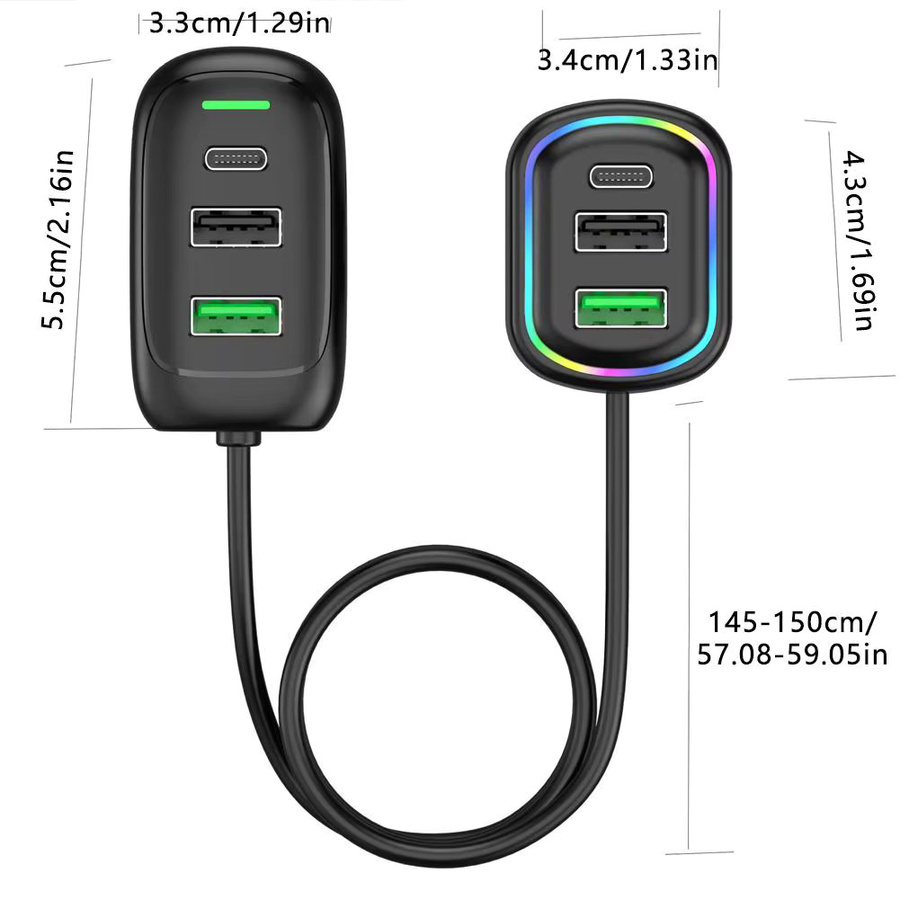 USB Typ-C Autoladegerät mit 6 Ports und RGB-Licht, PD Schnelllade-Netzteil für Telefon und Tablet, Schwarz - Bild 5