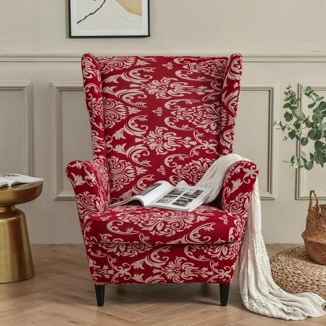 Elastische Stretch-Schutzhusse für Ohrensessel mit floralem Druck in Rot - Bild 1