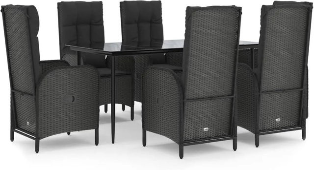 vidaXL 7-teilige Garten-Essgruppe aus Poly Rattan in Schwarz mit Kissen und Tisch aus gehärtetem Glas - Bild 1