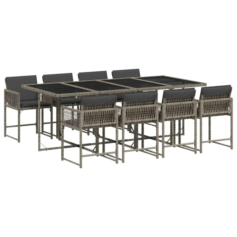 vidaXL 9-tlg Garten-Essgruppe aus Poly-Rattan mit Kissen und Hartglas in Grau - Bild 2