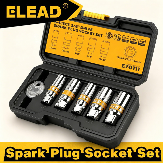 ELEAD 6-teiliges Zündkerzensteckschlüssel- und Einstellwerkzeug-Set aus Chrome Vanadium in Silber, 3/8 Zoll, mit Größen 5/8 Zoll, 3/4 Zoll, 13/16 Zoll, 14 mm und 18 mm - Bild 1