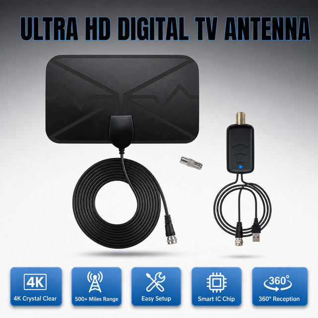 4K HDTV Innen-Digitalantenne mit 25dB Verstärkung für hochauflösenden Fernempfang in Schwarz - Bild 1