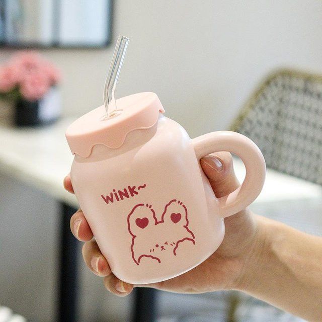 Kreative Cartoon Wassertasse für Damen von Yiran bag in Pink, Keramiktasse mit Deckel, 450 ml - Bild 1