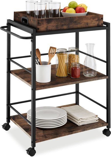 tectake Servierwagen Worcester Industrial Style aus Holz und Stahl in Braun mit 3 Ebenen und Rollen, B/T/H: 65 x 41,5 x 87 cm - Bild 1