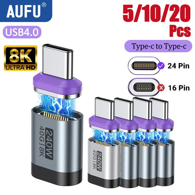 AUFU Magnetischer Typ-C-Adapter für Schnellladung und USB4 mit 40Gbps und 8K60Hz, Thunderbolt 4 kompatibel, Farbe: Silber - Bild 1