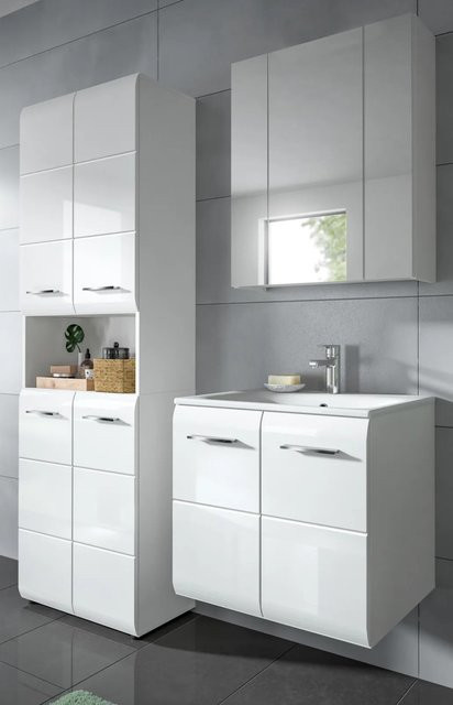 Inn.Furn Badmöbel-Set 3-teilig in Weiß Hochglanz mit Hochschrank, Spiegelschrank und Waschtisch, Breite: 135 cm - Bild 1