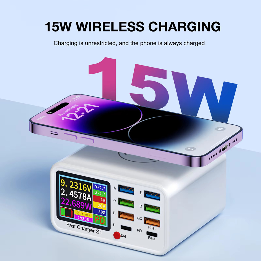 UNEW Multifunktions-USB-C-Schnellladegerät mit 8 Ports, Desktop-Ladestation mit PD3.0, PPS, QC3.0 und kabelloser Ladefunktion, Weiß, 15 W - Bild 4