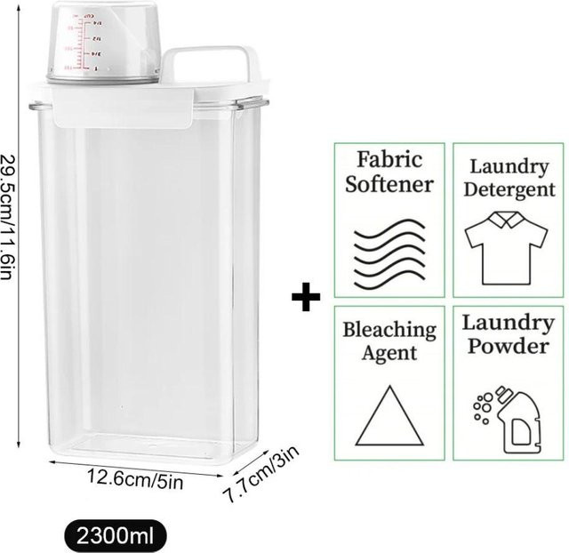 Luftdichter Waschmittelspender von Yiran Furniture, auslaufsicherer und nachfüllbarer Vorratsbehälter für Waschmittel, Weichspüler oder Bleichmittel in Weiß und Transparent, B/T/H: 29,5 x 12,6 cm - Bild 1