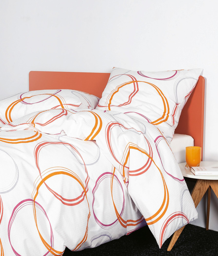 Janine Soft-Seersucker Bettwäsche aus Baumwolle mit Kreis-Grafik in Rosa, Orange und Weiß, B/H: 155 x 220 cm und 80 x 80 cm - Bild 1