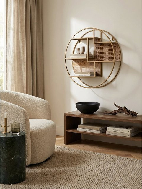 Wandregal Kadima Design aus Massivholz und Metall im Industrial Stil mit Wiener Geflecht, B/T/H: 62 x 62 x 17 cm - Bild 1