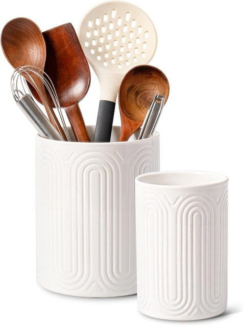 KEMORELA Keramik-Utensilienhalter im Bogen-Design für die Küchenarbeitsplatte, Weiß - Bild 1