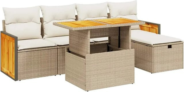 vidaXL 6-teilige Garten-Sofagarnitur in L-Form aus PE-Rattan und Akazienholz mit Kissen in Beige-creme - Bild 1