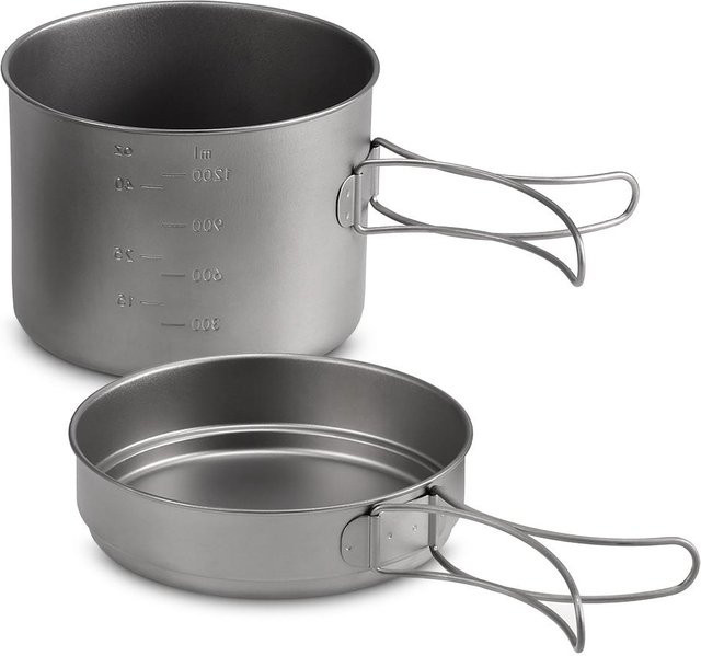 TOMTOP JMS Camping-Kochgeschirr-Set aus Titan und Aluminium, Topf- und Pfannenset mit Deckel, Grau, 1100 ml und 1600 ml - Bild 1