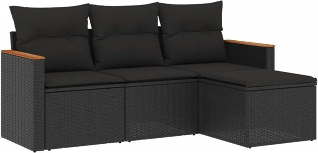 vidaXL 4-teilige Garten-Sofagarnitur in L-Form mit Polsterkissen und Ottoman, Schwarz, Poly Rattan und Metallrahmen - Bild 1