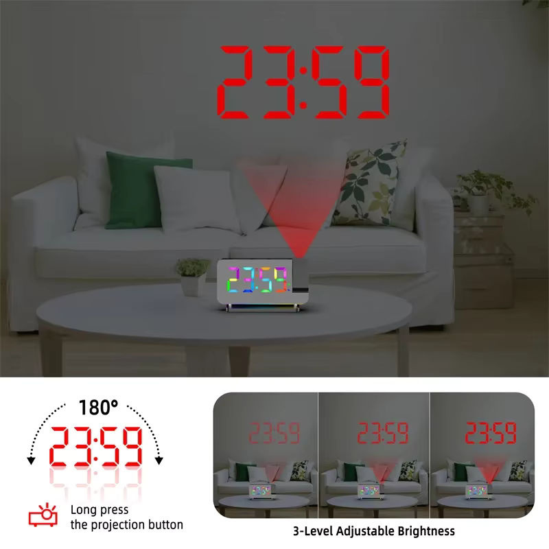 NieNie Projektionswecker mit UKW-Radio, RGB-Nachtlicht und digitaler LED-Uhr, Farbe: Weiß/Multicolor - Bild 5