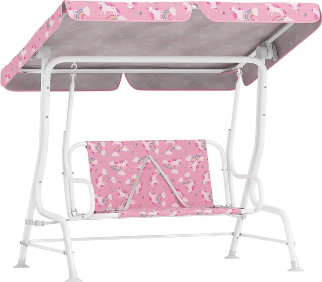AIYAPLAY Kinder Hollywoodschaukel 2-Sitzer mit verstellbarem Sonnendach und Sicherheitsgurt, Rosa Einhorn- und Regenbogen-Design für Kinder bis 60 kg - Bild 1