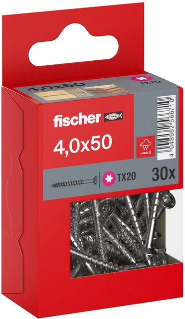 Fischer PowerFast II A2 Senkkopf TX Teilgewinde Schraube aus Edelstahl in Silber, Durchmesser: 4 mm, Länge: 50 mm, 30 Stück - Bild 1
