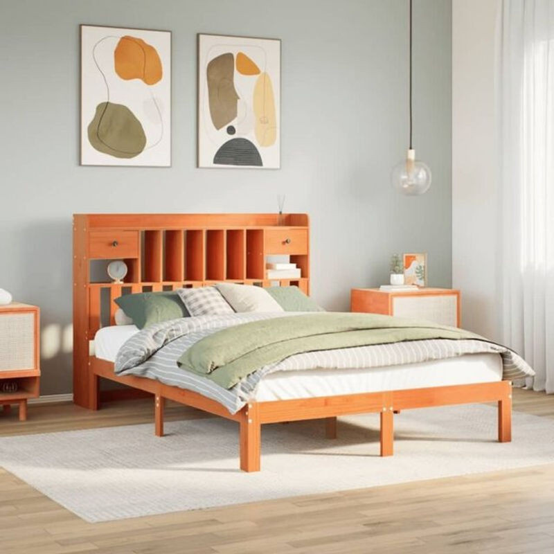 Massivholzbett aus Kiefer mit Regal von Vidaxl in Braun, B/T/H: 135 x 190 cm - Bild 1