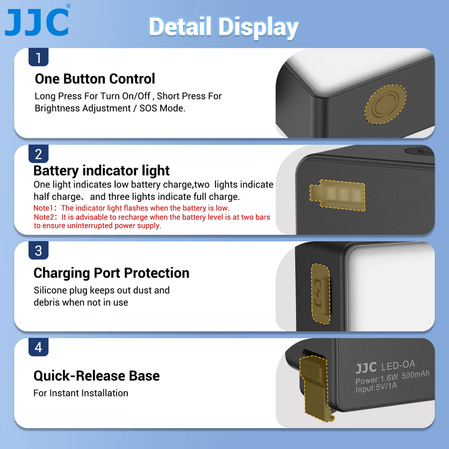 JJC Video-Vlog-LED-Licht für DJI Osmo Action 5 Pro, Action 4 und Action 3, IPX5 wasserdicht, Schwarz, 500mAh - Bild 3