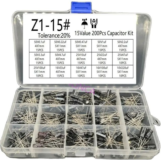 ENLINCA Radialkondensatoren Set mit 200 Teilen, 15 Werte von 0,1 uF bis 220 uF, Spannungen 10 V, 16 V, 25 V und 50 V, Elektrolytkondensator Sortiment Kit - Bild 1