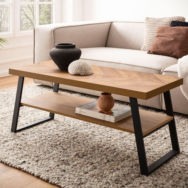 Couchtisch FineBuy in Braun mit Fischgrät-Design, moderner rechteckiger Wohnzimmertisch, B: 100 cm, T: 40 cm, H: 41 cm - Bild 1