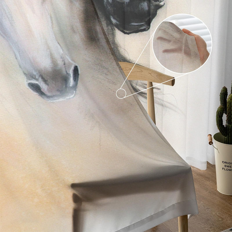 Transparenter Tüllvorhang von A Family Of Home Textiles mit Aquarellmalerei von schwarzen und weißen Pferden, Breite: 135 cm, Höhe: 114 cm - Bild 3