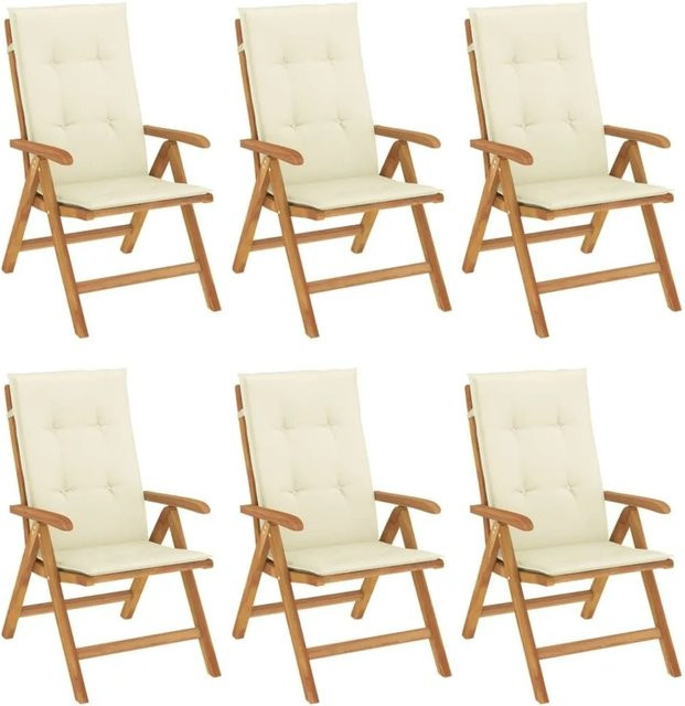 vidaXL Gartenstuhl-Set aus Teakholz mit Kissen, 6 Stück, Beige/Creme, B/T/H: 60 x 74,5 x 104 cm - Bild 1