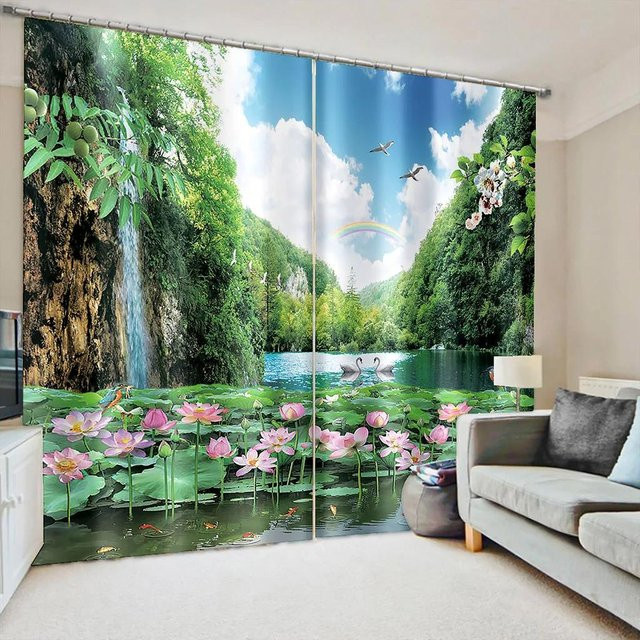 Zweiteiliges halbtransparentes Vorhangset mit Waldlandschaft und Wasserfall-Motiv in Multicolour, Breite: 65 cm, Höhe: 60 cm - Bild 1