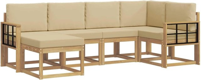 vidaXL Outdoor-Sofagarnitur 6-teilig in L-Form mit Kissen, Weiß und Beige, aus Akazienholz und UV-beständigem Polyester - Bild 1