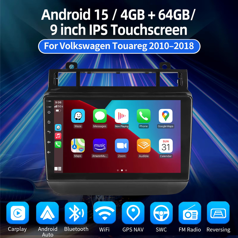 ESSGOO Android 15 Autoradio mit 9 Zoll IPS Touchscreen für VW Touareg 7P 2010-2018 in Schwarz mit drahtlosem CarPlay, GPS Navigation, Bluetooth, WiFi und USB - Bild 3
