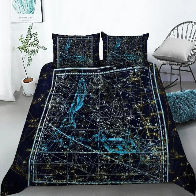 Sternbild Bettwäscheset aus Polyester in Gelb und Blau mit Sternen-Motiv, 3-teiliges King-Size-Set bestehend aus Bettbezug und Kissenbezügen, B/H: 240 x 210 cm - Bild 1