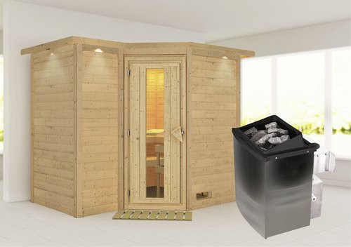 Karibu Sauna Riga 2 aus Fichtenholz mit 9 kW Saunaofen und integrierter Steuerung für 4 Personen, Farbe: beige - Bild 1