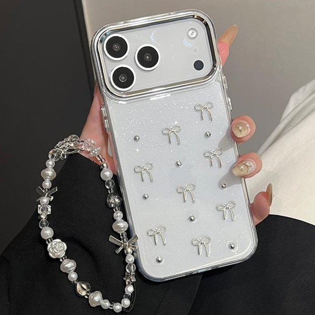 INS Glitzer 3D Silber Bogen Perle Handyhülle mit Lanyard für iPhone 17 Air 16 15 14 13 12 11 Pro Max 16E X XR XS 7 8 Plus - Bild 1