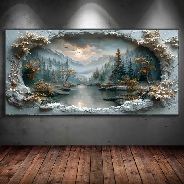 DIY 5D Diamantgemälde Winterlandschaft mit See, Bergen und Sonnenuntergang als Volldiamant-Mosaik-Stickerei in RealShining Ausführung - Bild 1