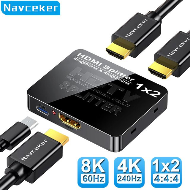 Navceker HDMI 2.1 Splitter 1 in 2 Out, 8K und 4K 240Hz HDMI Adapter in Schwarz für PS5, Laptop, Monitor und TV Box - Bild 1